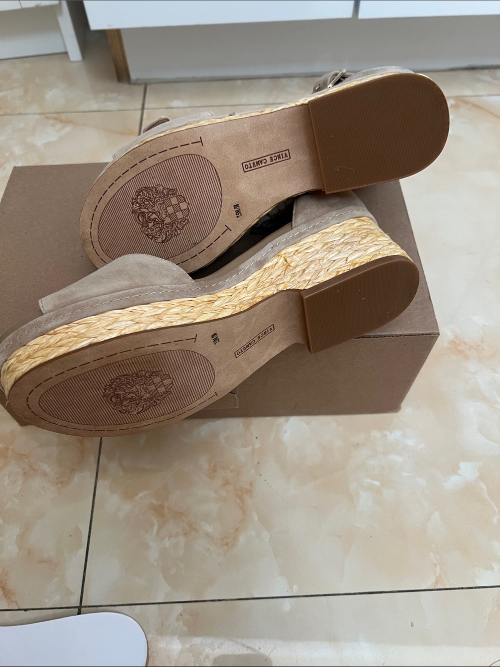 Vince Camuto Taupe Suede Ankle-Strap Wedge Sandals - Picture 3 of 5